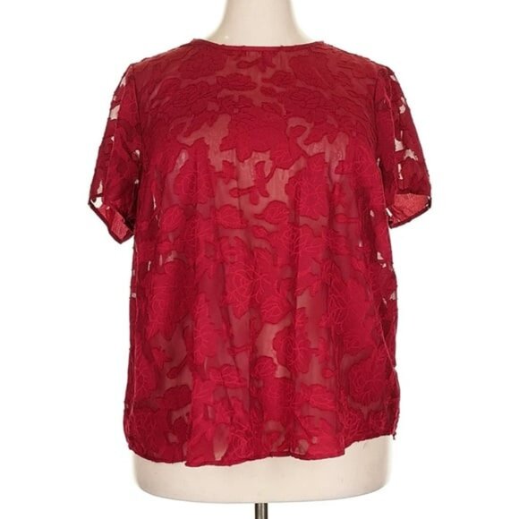 NWT Torrid Red Chiffon Clip Floral Bubble Hem Flutter Sleeve Blouse Size 2X - Picture 2 of 9
